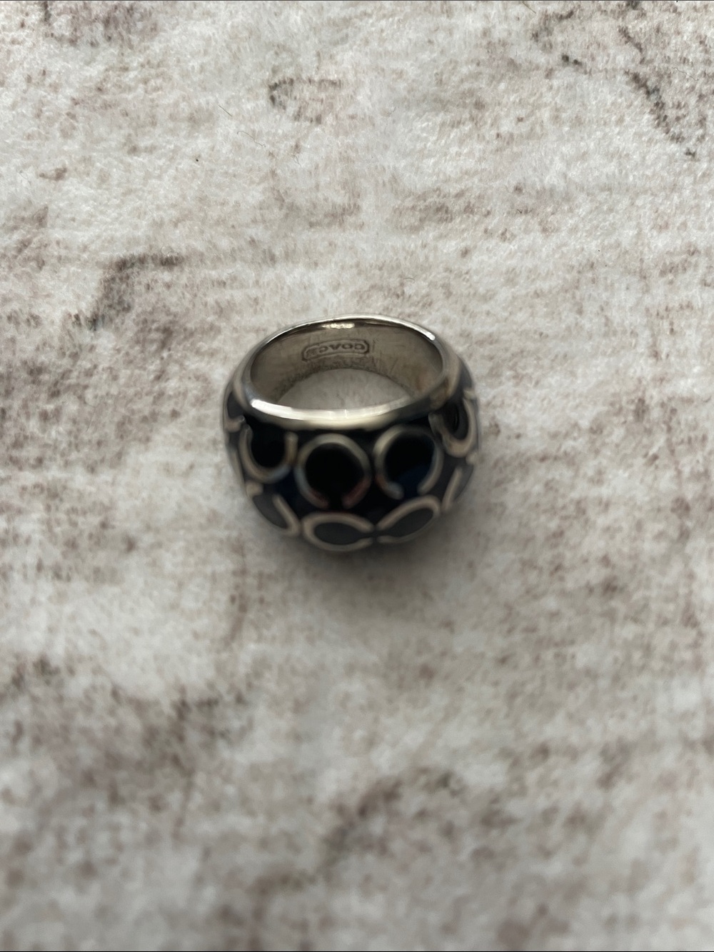Coach Silver Tone Enamel Dome Ring with Black Accents